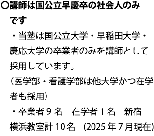 当塾は国立大学、早稲田大学・慶応義塾大学のみを採用しております